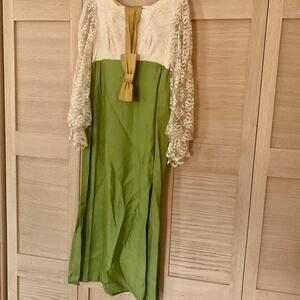 Vintage Green Maxi Dress with Satin Bow Belt 1970s Cream Lace Formal Dress